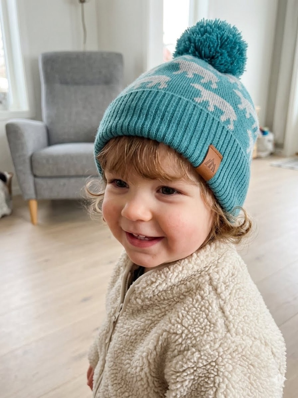 Cozy Teal Knit Beanie with Polar Bear Pattern & Pom-Pom - One size